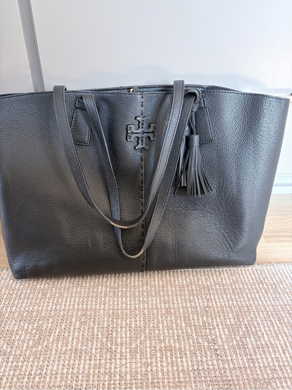 Tory Burch Black Pebbled Leather Tassel Tote